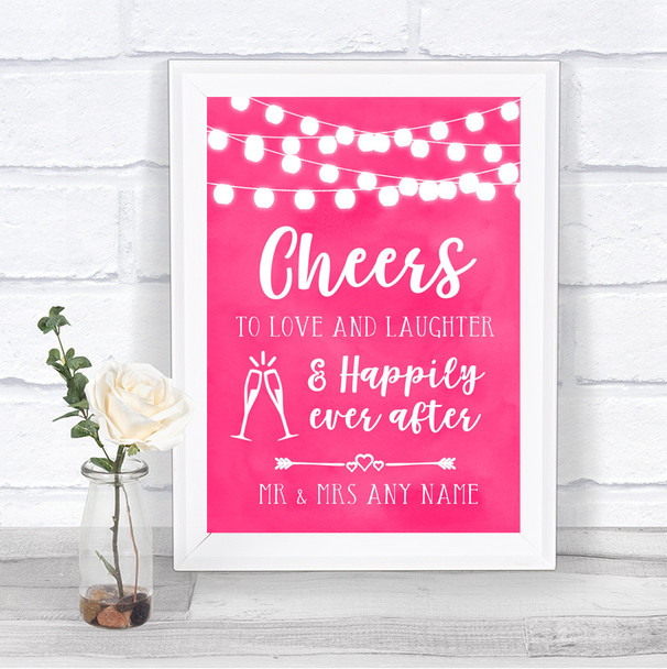 Hot Fuchsia Pink Watercolour Lights Cheers To Love Personalized Wedding Sign