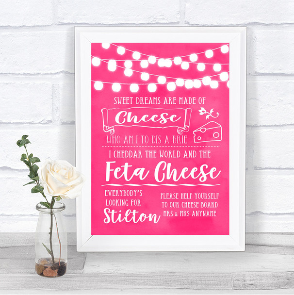 Hot Fuchsia Pink Watercolour Lights Cheeseboard Cheese Song Wedding Sign