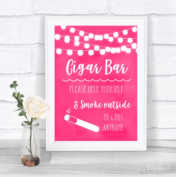 Hot Fuchsia Pink Watercolour Lights Cigar Bar Personalized Wedding Sign