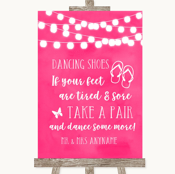 Hot Fuchsia Pink Watercolour Lights Dancing Shoes Flip Flops Wedding Sign