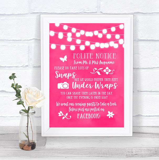 Hot Fuchsia Pink Watercolour Lights Don't Post Photos Facebook Wedding Sign