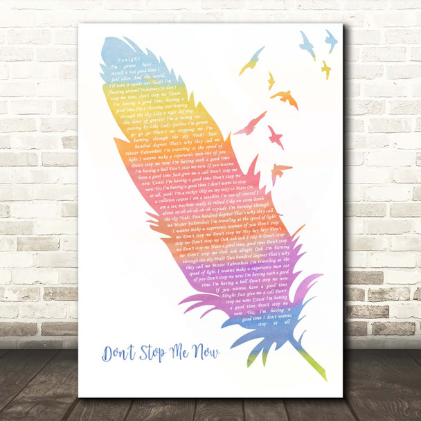 Queen Don't Stop Me Now Watercolour Feather & Birds Song Lyric Print