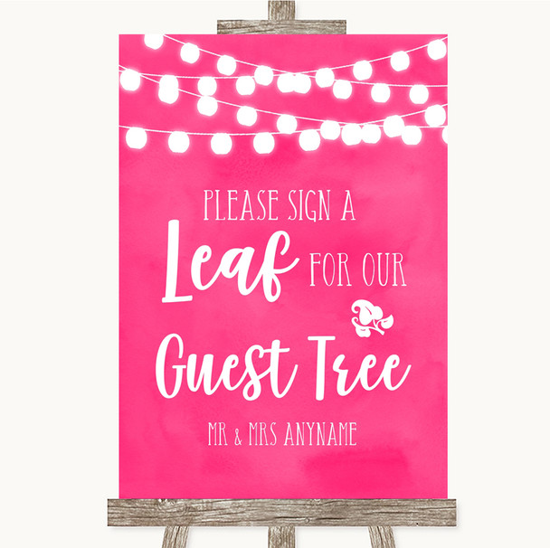 Hot Fuchsia Pink Watercolour Lights Guest Tree Leaf Personalized Wedding Sign