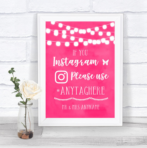 Hot Fuchsia Pink Watercolour Lights Instagram Hashtag Personalized Wedding Sign