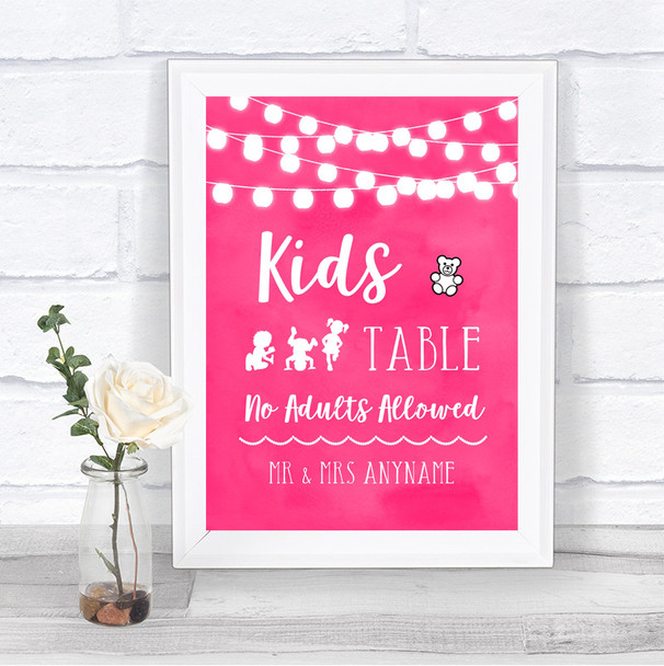 Hot Fuchsia Pink Watercolour Lights Kids Table Personalized Wedding Sign