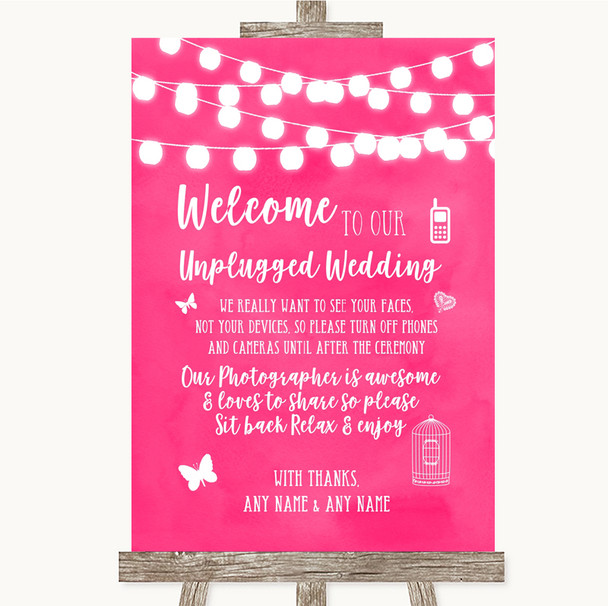 Hot Fuchsia Pink Watercolour Lights No Phone Camera Unplugged Wedding Sign