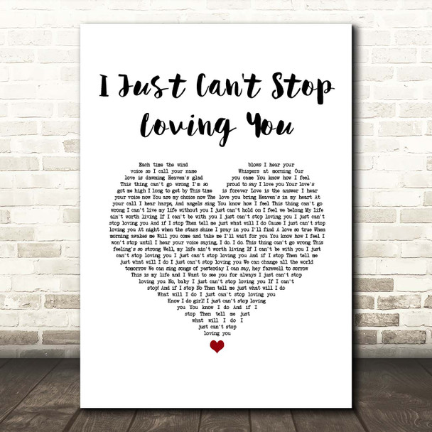 Michael Jackson I Just Can't Stop Loving You White Heart Song Lyric Print
