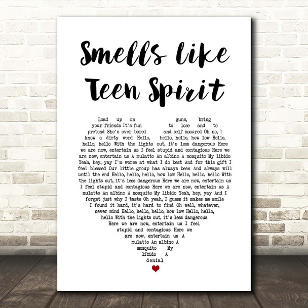 Nirvana Smells Like Teen Spirit White Heart Song Lyric Print