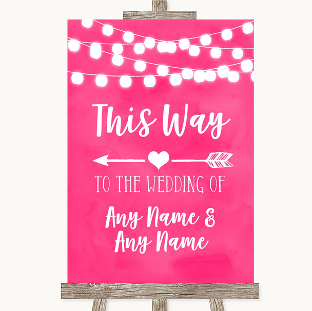 Hot Fuchsia Pink Watercolour Lights This Way Arrow Left Wedding Sign