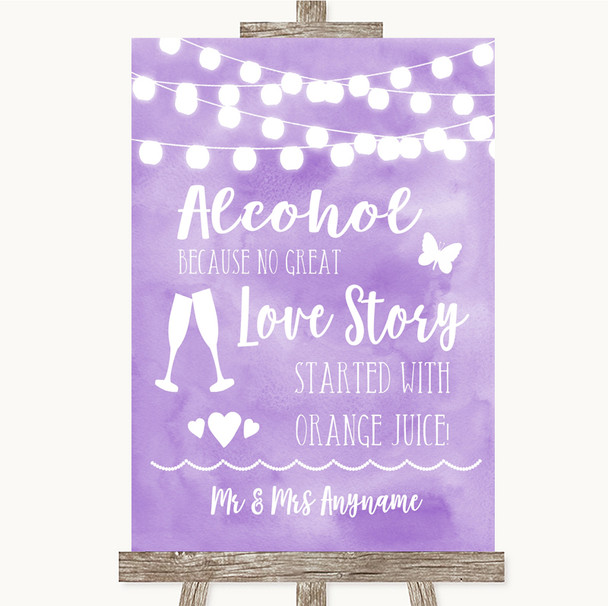 Lilac Watercolour Lights Alcohol Bar Love Story Personalized Wedding Sign
