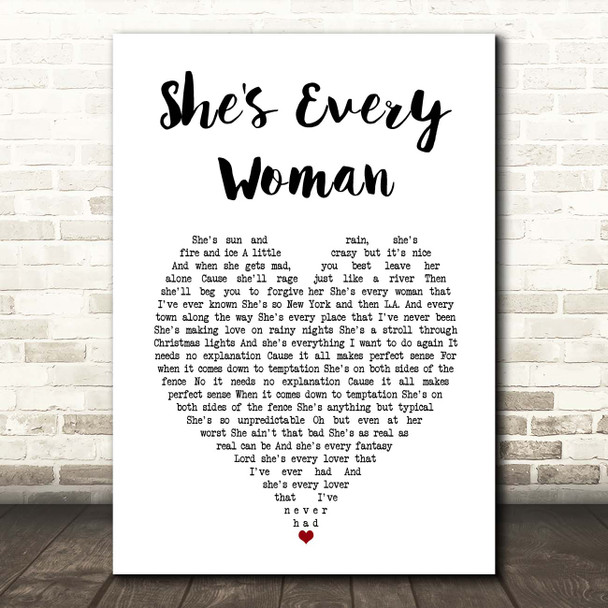 Garth Brooks She's Every Woman White Heart Song Lyric Print