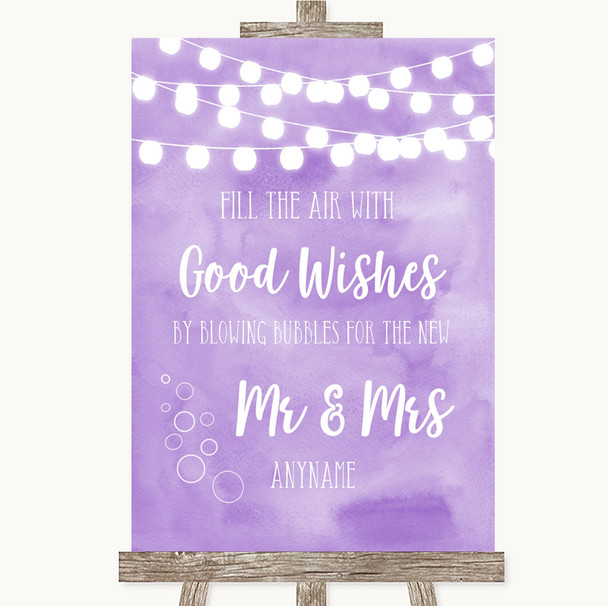 Lilac Watercolour Lights Blow Bubbles Personalized Wedding Sign