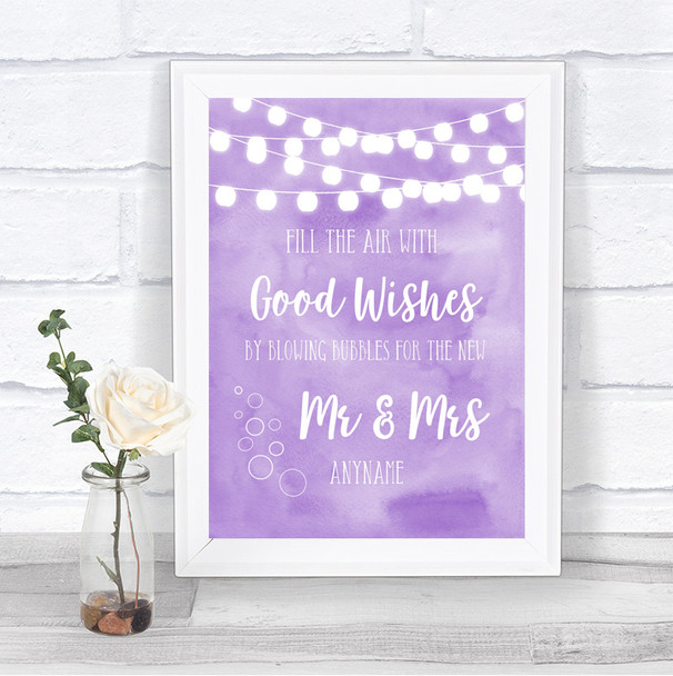 Lilac Watercolour Lights Blow Bubbles Personalized Wedding Sign