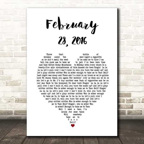 Koe Wetzel February 28, 2016 White Heart Song Lyric Print