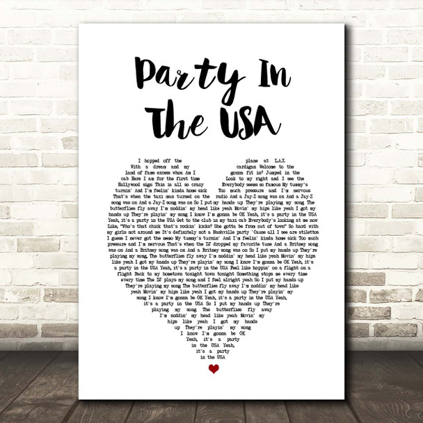 Miley Cyrus Party In The USA White Heart Song Lyric Print