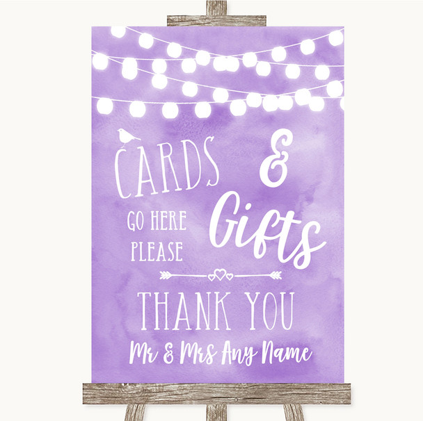 Lilac Watercolour Lights Cards & Gifts Table Personalized Wedding Sign