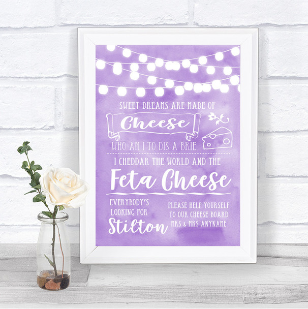 Lilac Watercolour Lights Cheeseboard Cheese Song Personalized Wedding Sign
