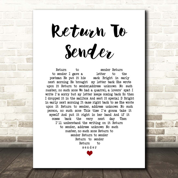 Elvis Presley Return To Sender White Heart Song Lyric Print