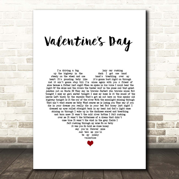 Bruce Springsteen Valentine's Day White Heart Song Lyric Print