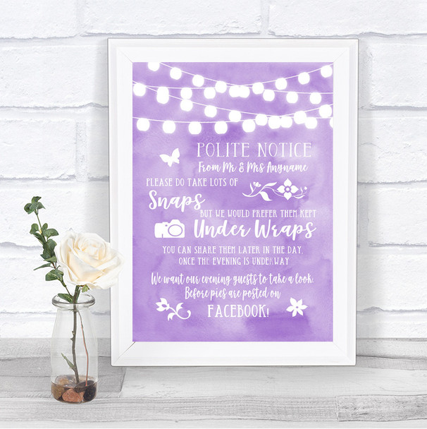 Lilac Watercolour Lights Don't Post Photos Facebook Personalized Wedding Sign