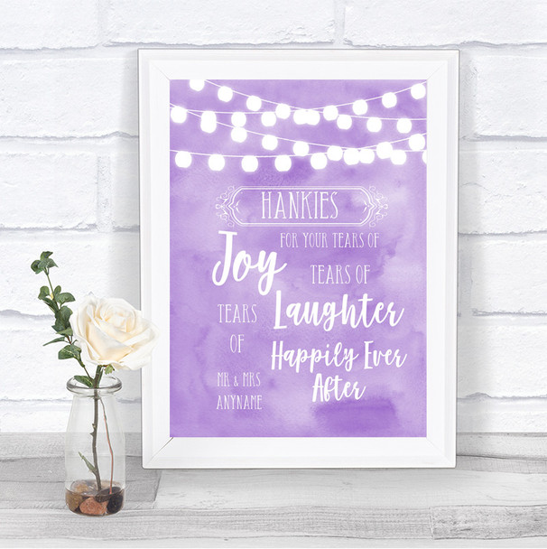 Lilac Watercolour Lights Hankies And Tissues Personalized Wedding Sign