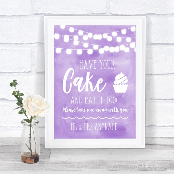 Lilac Watercolour Lights Have Your Cake & Eat It Too Personalized Wedding Sign