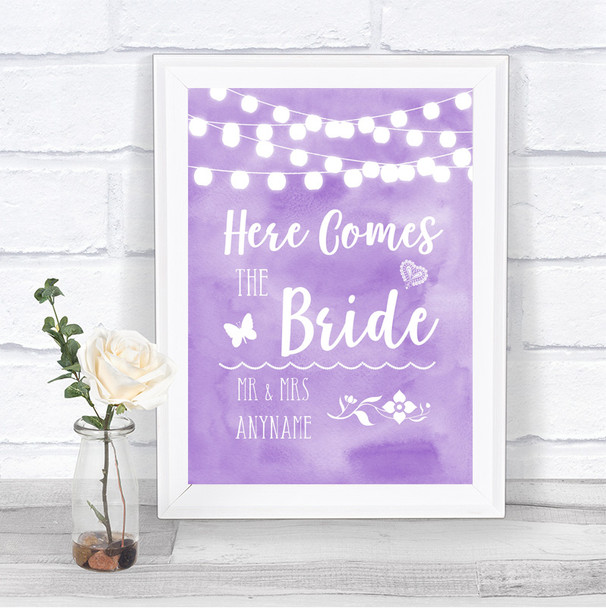 Lilac Watercolour Lights Here Comes Bride Aisle Personalized Wedding Sign