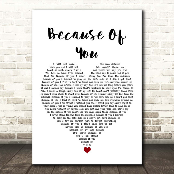 Kelly Clarkson Because Of You White Heart Song Lyric Print