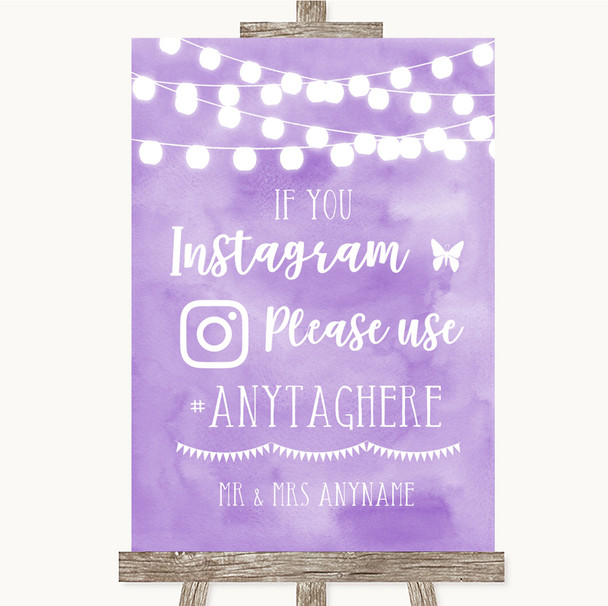Lilac Watercolour Lights Instagram Hashtag Personalized Wedding Sign