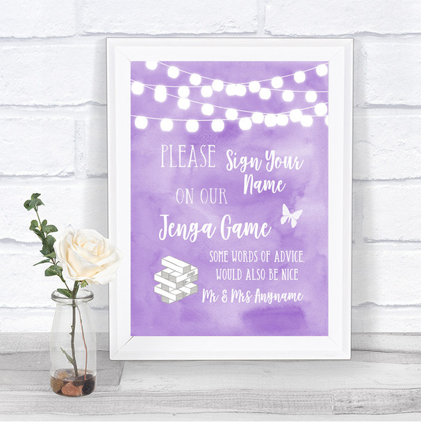 Lilac Watercolour Lights Jenga Guest Book Personalized Wedding Sign