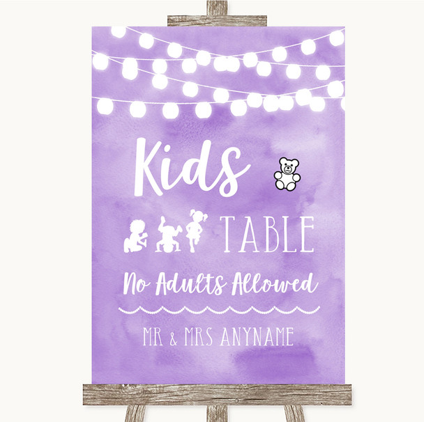 Lilac Watercolour Lights Kids Table Personalized Wedding Sign