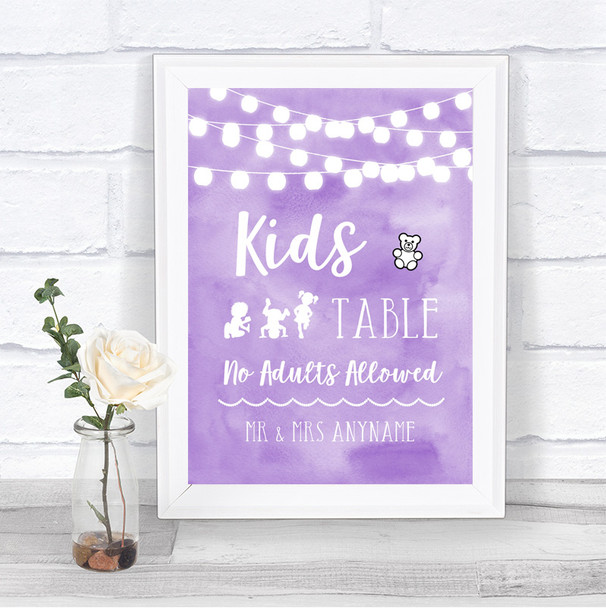 Lilac Watercolour Lights Kids Table Personalized Wedding Sign