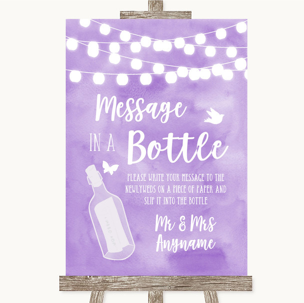 Lilac Watercolour Lights Message In A Bottle Personalized Wedding Sign