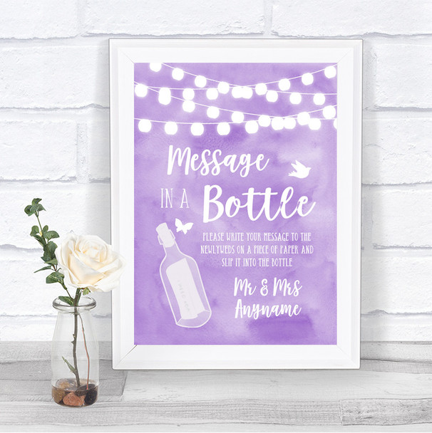 Lilac Watercolour Lights Message In A Bottle Personalized Wedding Sign