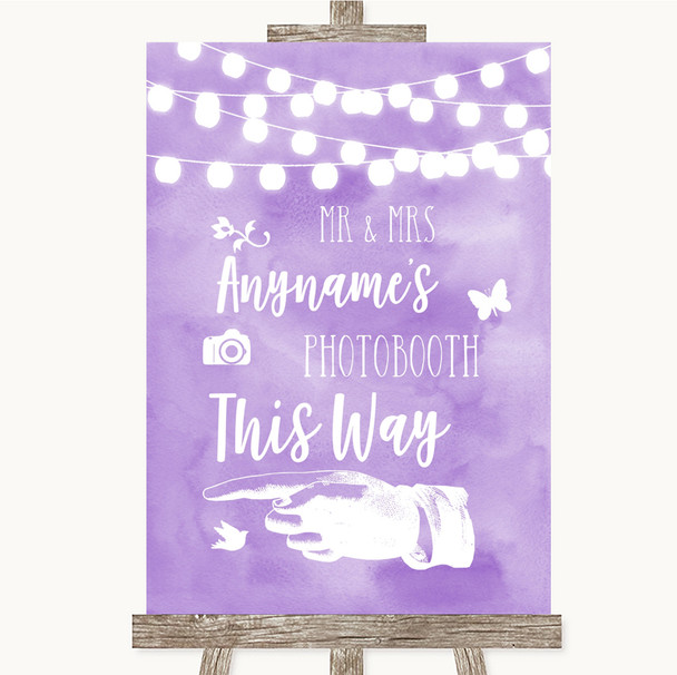 Lilac Watercolour Lights Photobooth This Way Left Personalized Wedding Sign