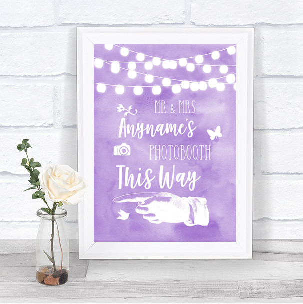 Lilac Watercolour Lights Photobooth This Way Left Personalized Wedding Sign