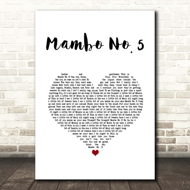 Lou Bega Mambo No. 5 White Heart Song Lyric Print