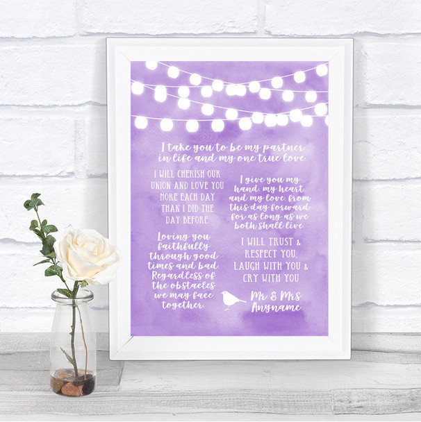 Lilac Watercolour Lights Romantic Vows Personalized Wedding Sign