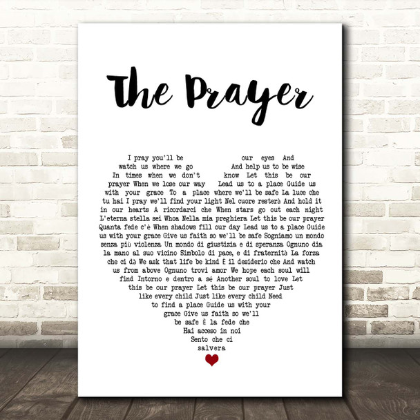 Celine Dion & Andrea Bocelli The Prayer White Heart Song Lyric Print