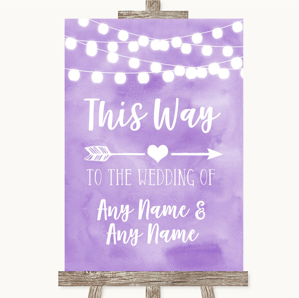 Lilac Watercolour Lights This Way Arrow Right Personalized Wedding Sign