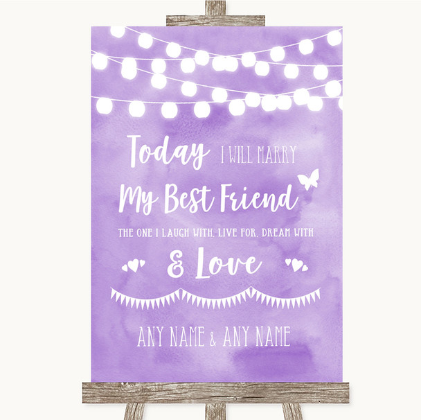 Lilac Watercolour Lights Today I Marry My Best Friend Personalized Wedding Sign