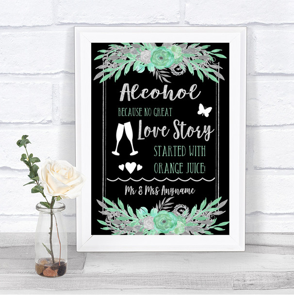 Black Mint Green & Silver Alcohol Bar Love Story Personalized Wedding Sign