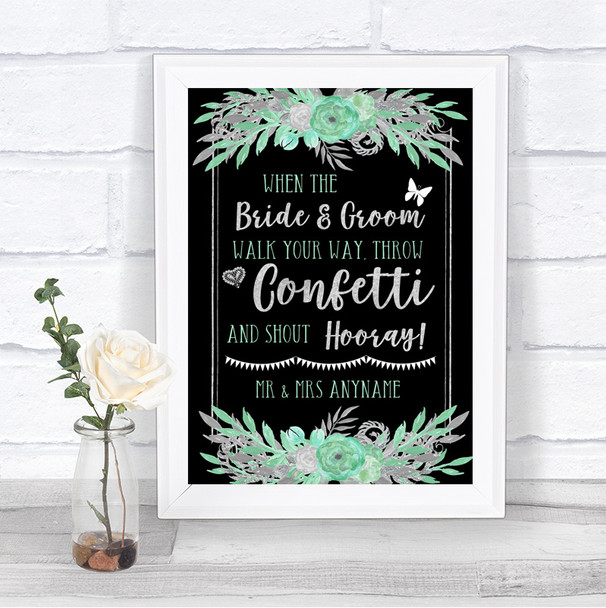 Black Mint Green & Silver Confetti Personalized Wedding Sign