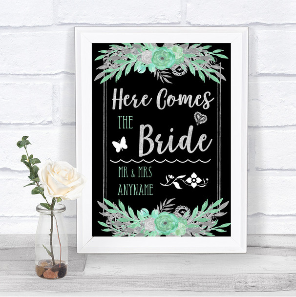 Black Mint Green & Silver Here Comes Bride Aisle Personalized Wedding Sign