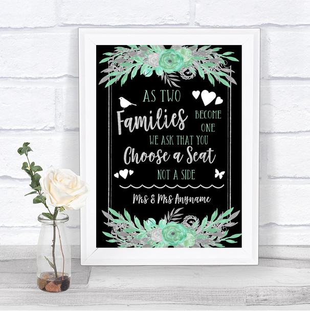 Black Mint Green & Silver As Families Become One Seating Plan Wedding Sign