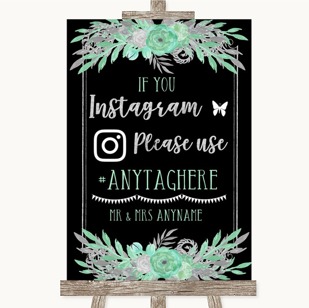 Black Mint Green & Silver Instagram Hashtag Personalized Wedding Sign