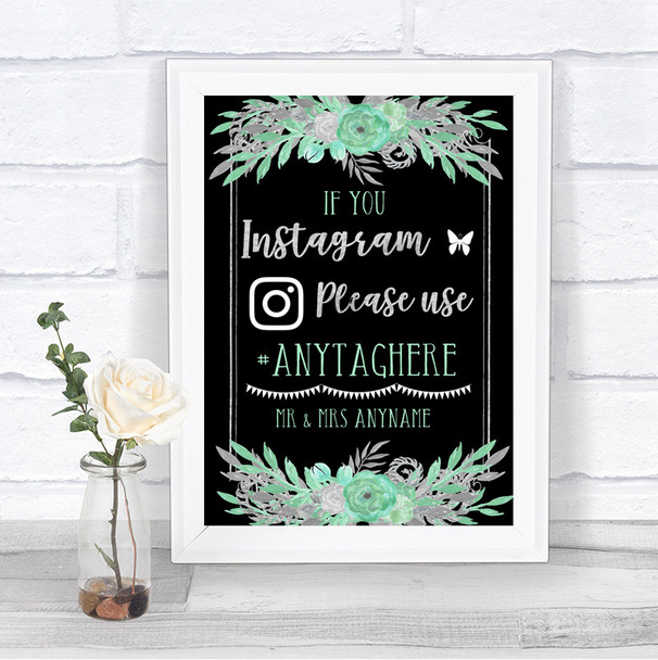 Black Mint Green & Silver Instagram Hashtag Personalized Wedding Sign