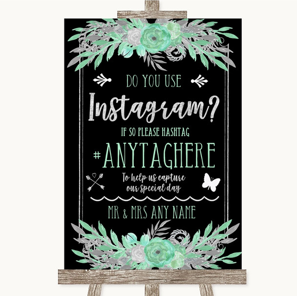 Black Mint Green & Silver Instagram Photo Sharing Personalized Wedding Sign