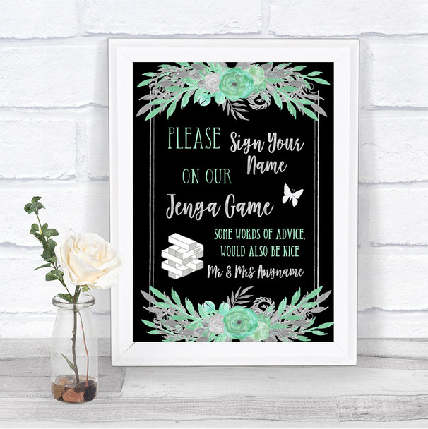 Black Mint Green & Silver Jenga Guest Book Personalized Wedding Sign