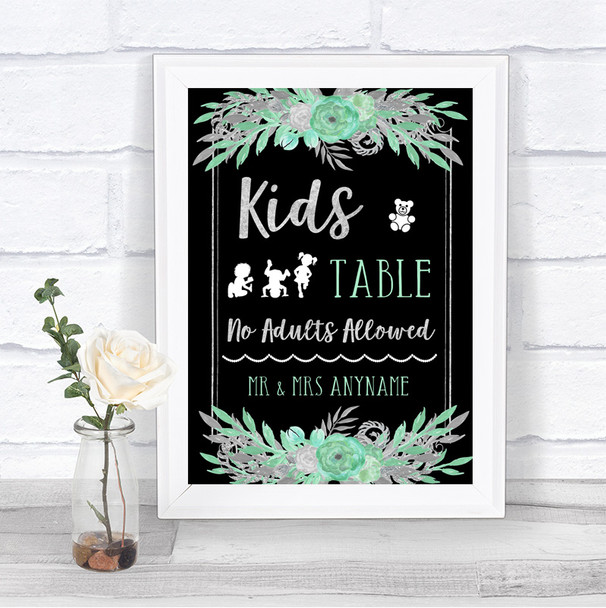 Black Mint Green & Silver Kids Table Personalized Wedding Sign